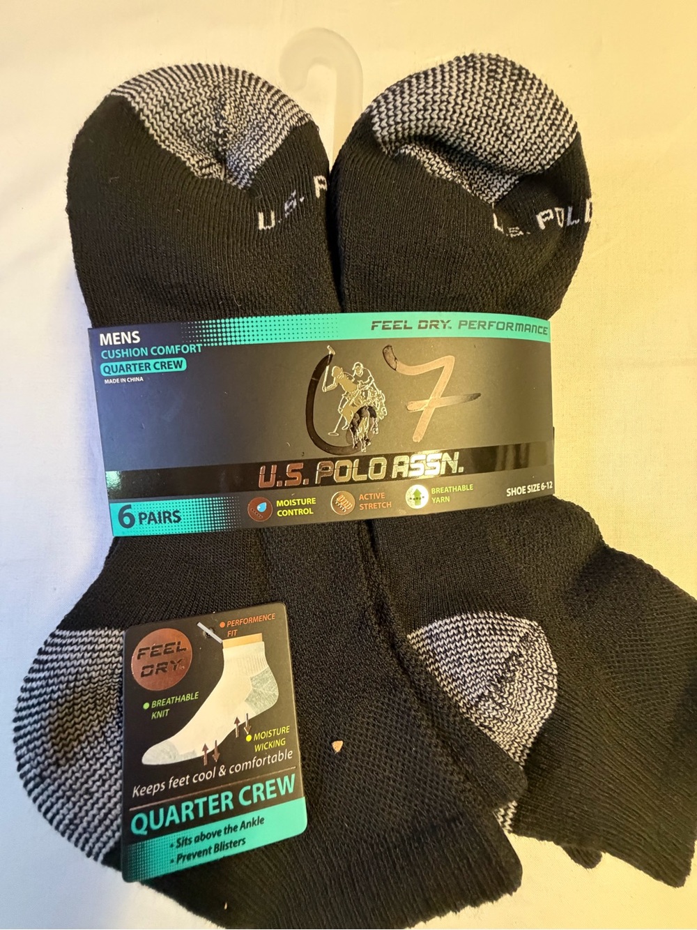 U.S. Polo Assn. Men’s Quarter Crew Socks — Black with Gray Accents (6 Pack)